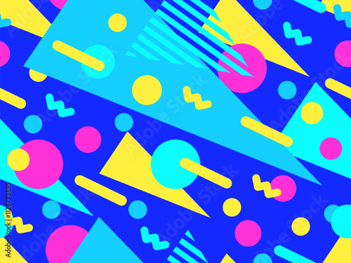 Geometric seamless pattern with memphis elements in 80s style. Colorful geometric pattern. Design of promotional products, wrapping paper and printing. Vector illustration