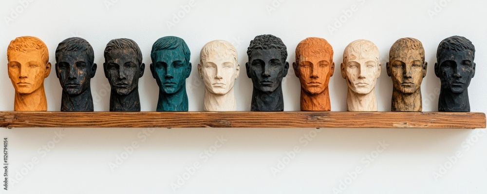 The handmade woodwork. Various sculpted heads displayed on a wooden shelf against a white background.
