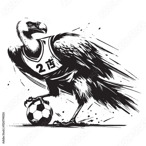 Vulture bird playing soccer wear sport outfit, in brush stroke with kanji calligraphy, -