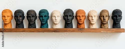 Obraz na płótnie The handmade woodwork. Various sculpted heads displayed on a wooden shelf against a white background. w salonie