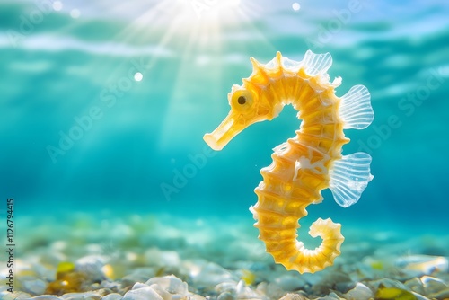 Seahorse made of plastic waste in the ocean, plastic waste makes up the seahorse underwater photo