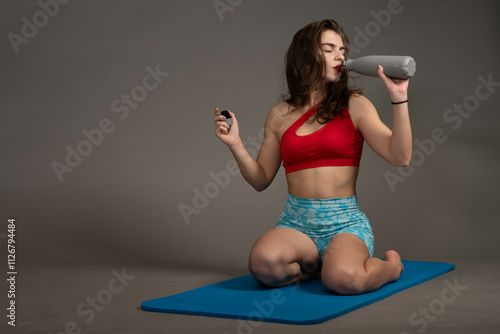 Fitness woman drinking water on gray background. Portrait of woman take a break after intense workout