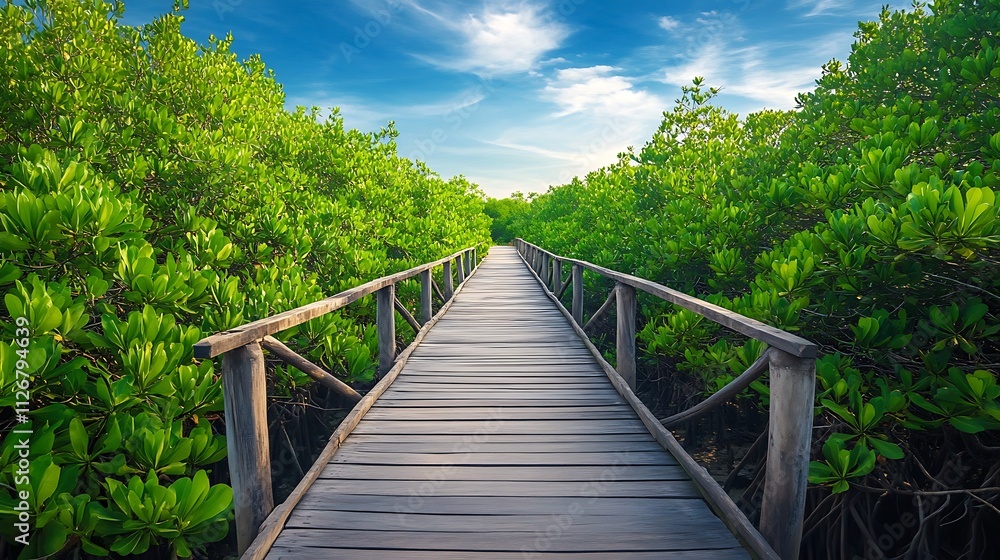 Wooden walkway through lush mangrove forest with blue sky. Wooden walkway through lush mangrove forest with blue sky.