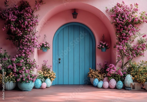 Teal Doorway, Spring Floral Archway, Easter Decor. photo