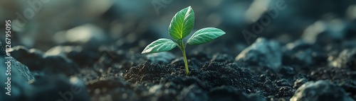 A closeup of a small seedling with delicate green leaves sprouting from dark soil, representing growth and new beginnings, with a softfocused nature backdrop photo