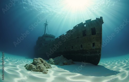 Underwater scene featuring a sunken ship photo