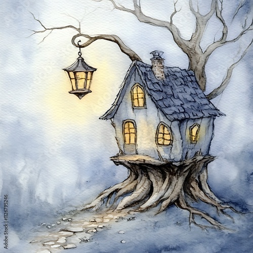 Enchanting Watercolor Painting of a Fairytale Treehouse with a Lantern at Night. photo