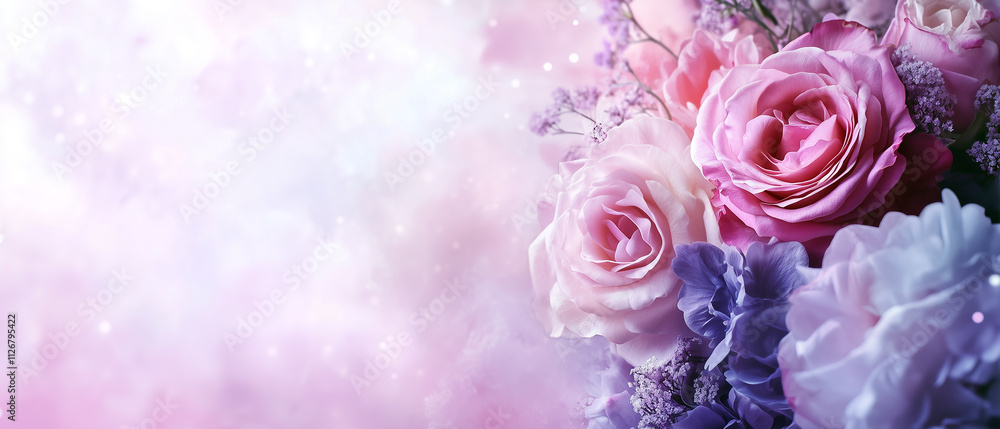 Romantic bouquet of pink and purple roses with dreamy pastel background for a soft floral atmosphere Romantic bouquet of pink and purple roses with dreamy pastel background for a soft floral atmosphere