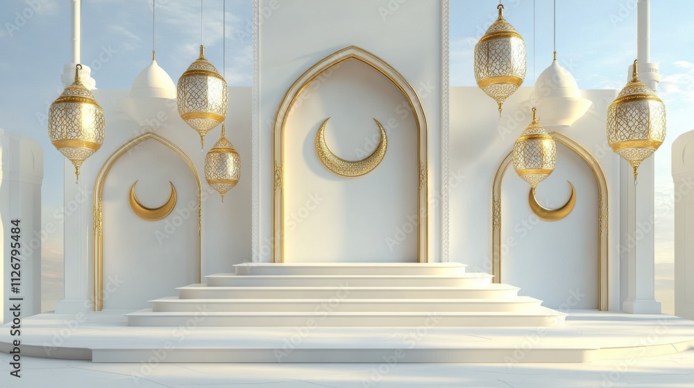 Fototapeta premium Elegant Islamic Architecture Ramadan Design with Golden Lanterns and Crescent Moons