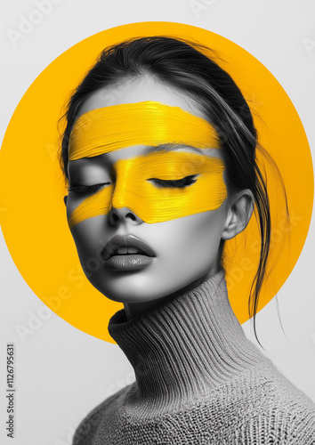 Minimalist black and white portrait of a young woman with yellow brushstroke mask and circular background design photo