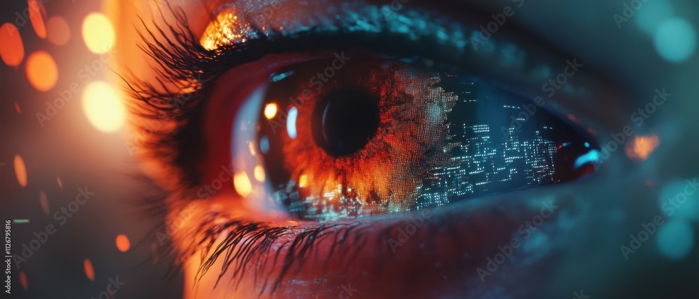 Closeup of a Human Eye Reflecting Digital Data and City Lights at Night Closeup of a Human Eye Reflecting Digital Data and City Lights at Night