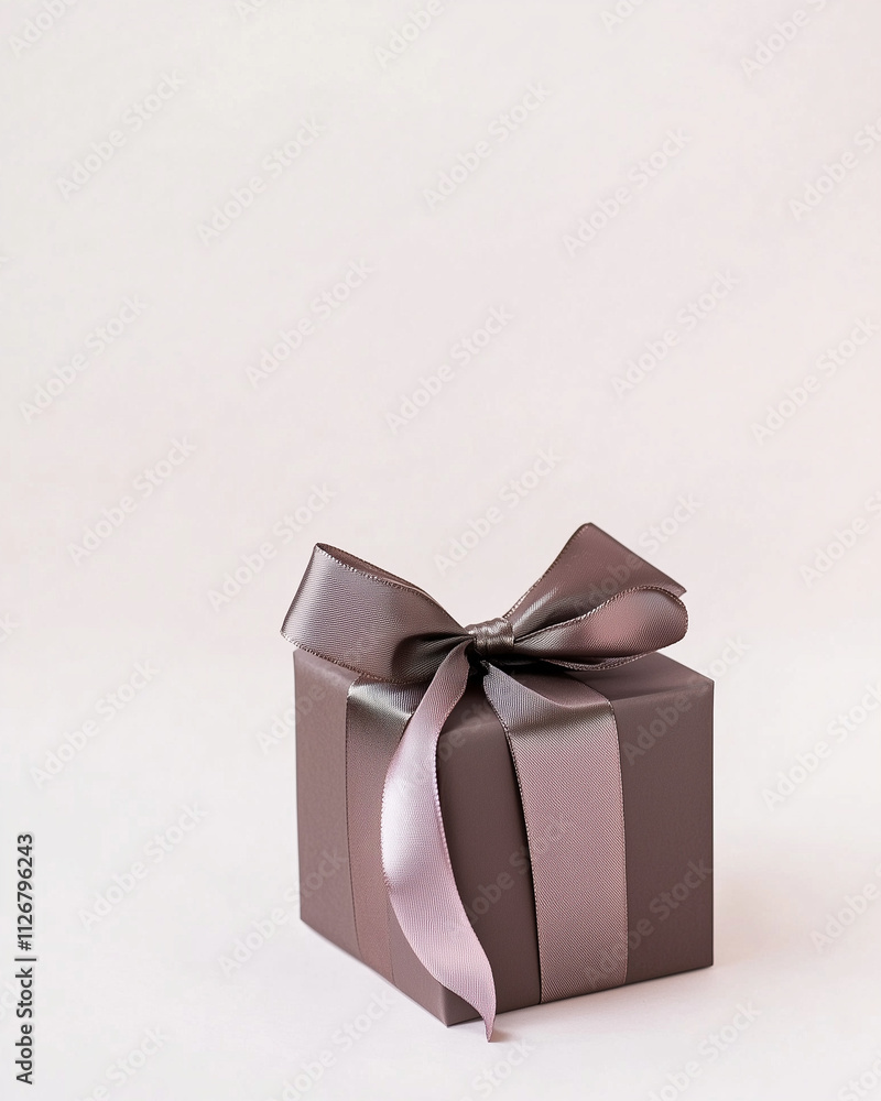 Obraz premium A square gift box with a ribbon, against a white background, in shades of dark purple and brown. Christmas, Valentine and birthday banner