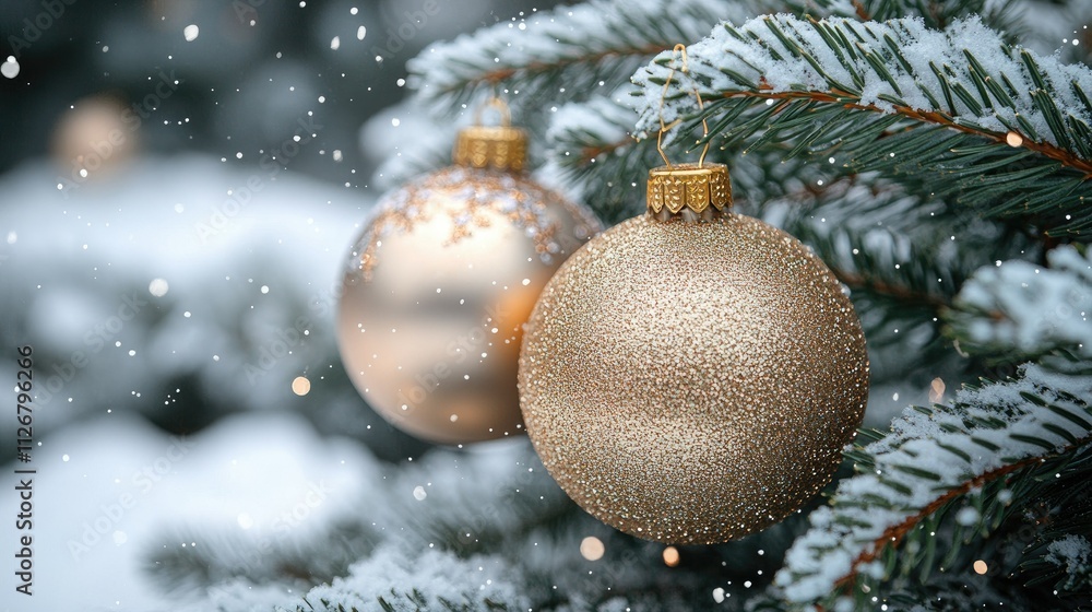 Beautiful Christmas tree background with Christmas tree branches and gold Christmas tree toys Beautiful Christmas tree background with Christmas tree branches and gold Christmas tree toys