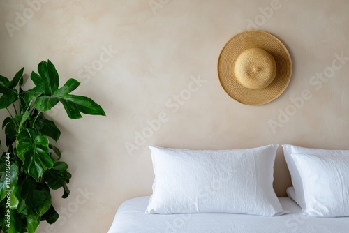 bohemian plant decor, transform your bedroom into a bohemian oasis with lush green plants that bring life to the room, highlighted by a straw hat on a textured wall photo