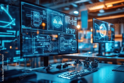 Wallpaper Mural Futuristic control room with multiple monitors displaying technical data and schematics. Torontodigital.ca