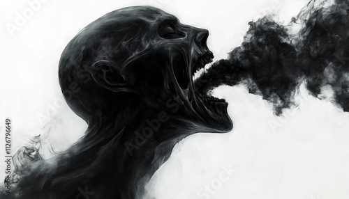 Dark abstract smoky figure screaming black vapor emerging in a surreal emotional representation