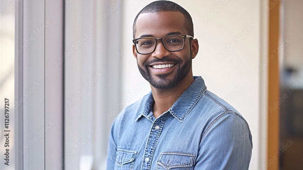 Smiling Man in Glasses Talking on Smartphone by Office Window Smiling Man in Glasses Talking on Smartphone by Office Window