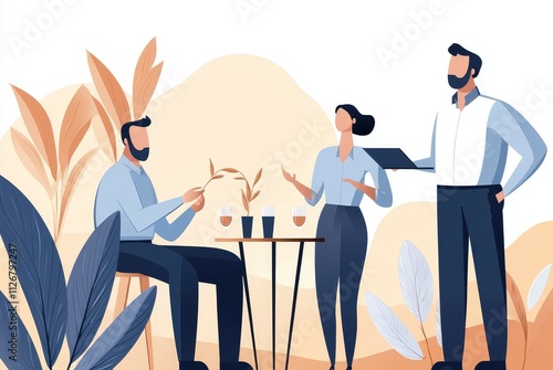 inequality wealth social concept, A casual business meeting featuring two individuals discussing ideas while a third observes, surrounded by stylish plant decorations.