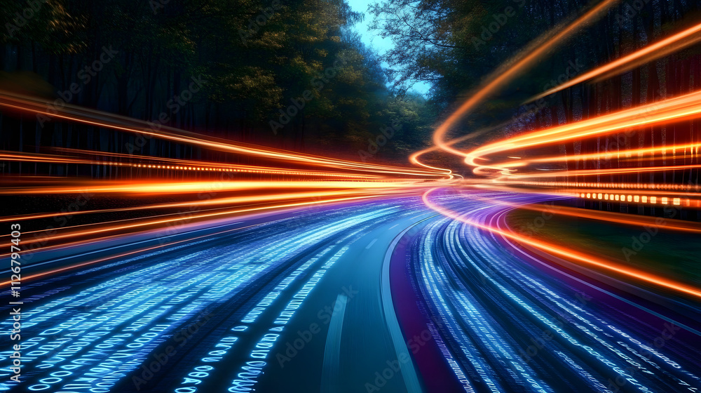 Digital data flow on road in concept of cyber global communication and coding with graphic showing fast speed transfer to demonstrate agile digital transformation disruptive innovation: Stock Digital data flow on road in concept of cyber global communication and coding with graphic showing fast speed transfer to demonstrate agile digital transformation disruptive innovation: Stock