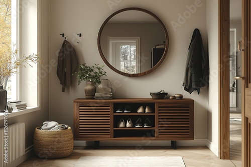 A hallway with a wooden shoe rack and a mirror