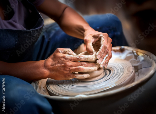 Close-up of hands shaping clay on a pottery wheel.  The artisan's skilled fingers mold the wet earth into a vessel, a testament to craftsmanship and patience. photo