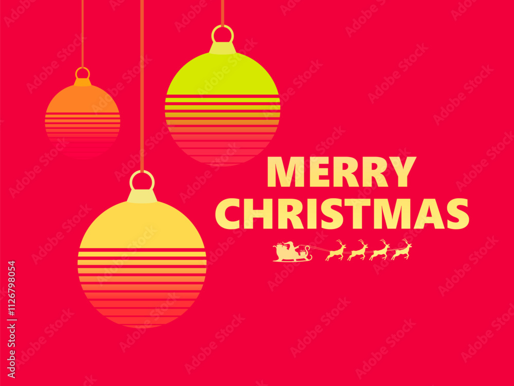 Fototapeta premium Merry Christmas. Greeting card with a hanging Christmas ball in retro style of the 80s. Synthwave and retrowave style. Festive design for invitation, banners and posters. Vector illustration