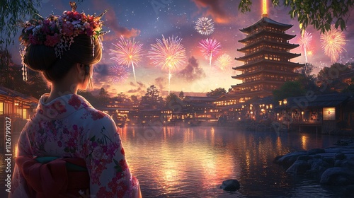 Woman in Floral Kimono by Waterway with Pagoda and Fireworks at Twilight
