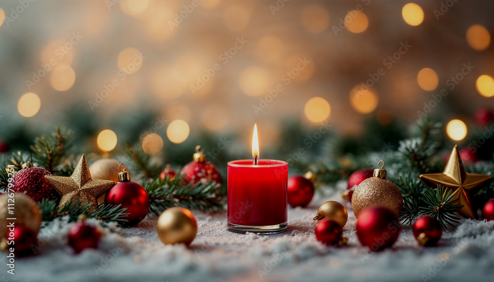 Festive holiday greeting card with featuring a lit red candle, ornaments, and a warm bokeh background Festive holiday greeting card with featuring a lit red candle, ornaments, and a warm bokeh background