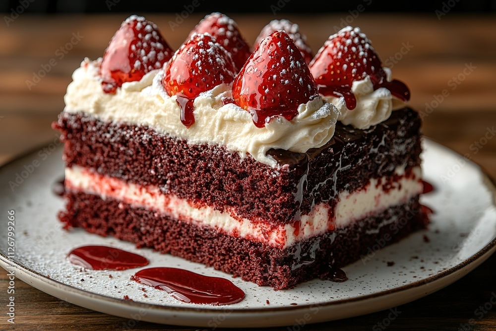 A slice of red velvet cake with strawberries on top A slice of red velvet cake with strawberries on top