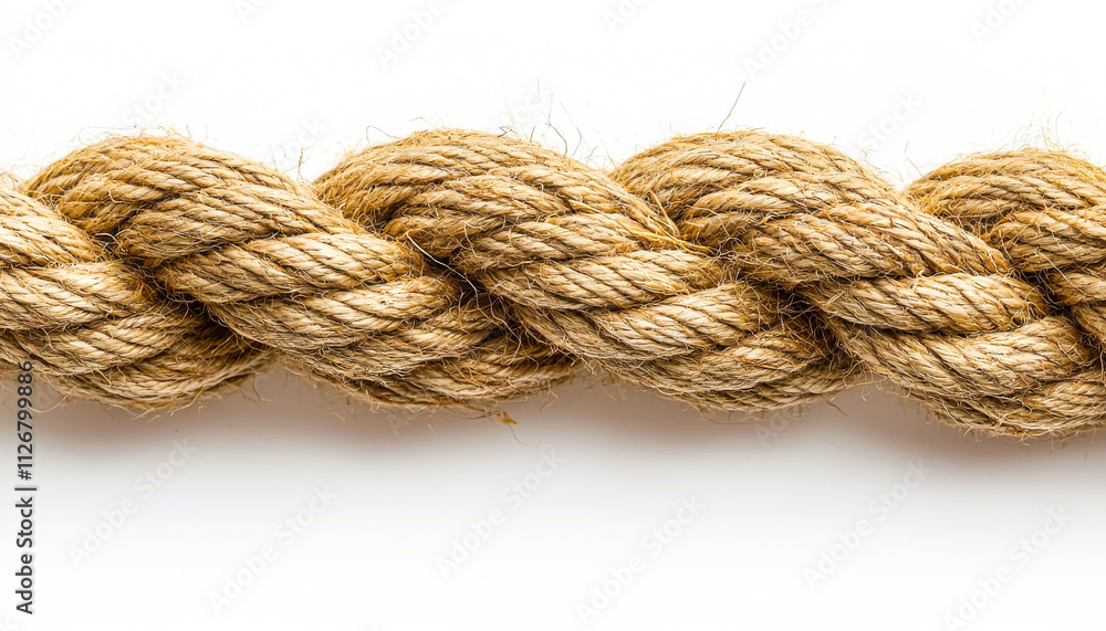 Jute fiber rope, twisted and displayed. A length of jute rope is shown, showcasing its texture and twisted design against a white background. Jute fiber rope, twisted and displayed. A length of jute rope is shown, showcasing its texture and twisted design against a white background.