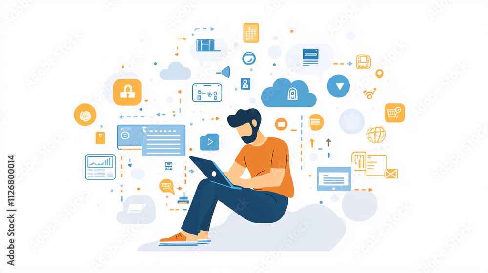 A simple design of an IT support man leaning over a digital tablet, surrounded by cloud computing and tech service icons. 