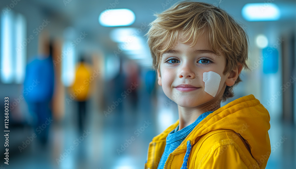 Child with a bandage in hospital. Young boy smiles in a hospital corridor, wearing a bright yellow jacket and a bandage on his cheek. Child with a bandage in hospital. Young boy smiles in a hospital corridor, wearing a bright yellow jacket and a bandage on his cheek.