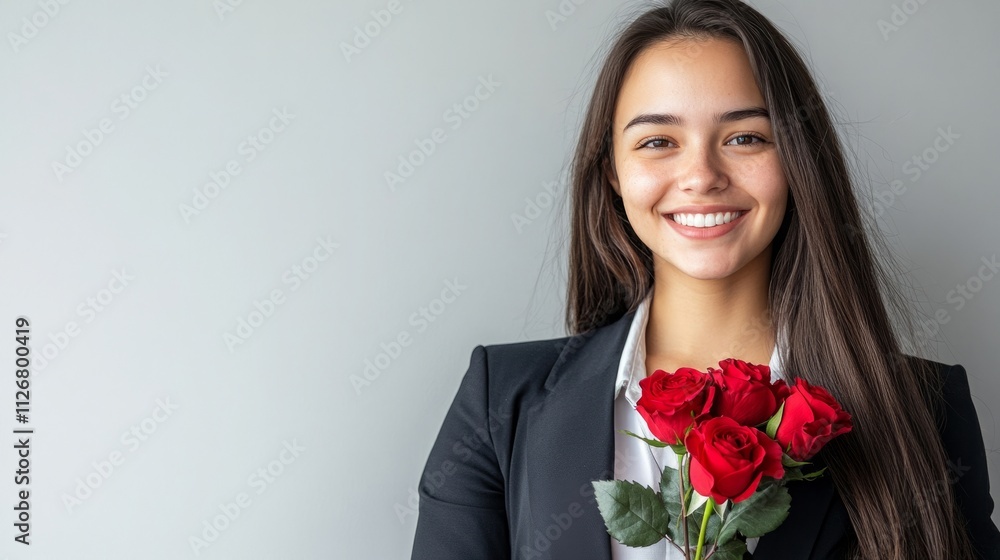 cheerful host of event in blazer holding red roses isolated on grey, banner cheerful host of event in blazer holding red roses isolated on grey, banner