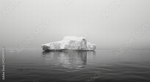 A black and white ceberg floating in the ocean, with most of its mass below water and only a small part above it showing as an ice floe.  photo