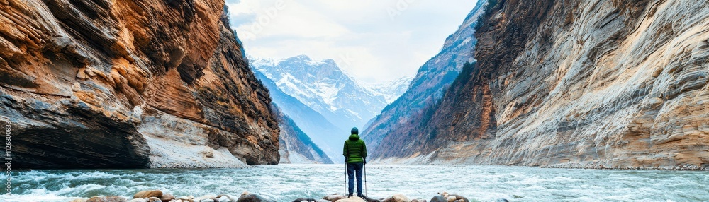 Obraz premium A lone figure stands at the edge of a river, surrounded by towering cliffs and majestic mountains under a cloudy sky.