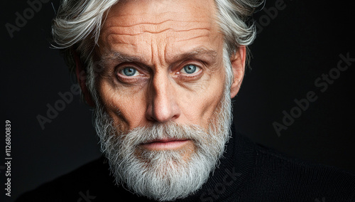 Portrait of a distinguished man with silver hair. A distinguished man with silver hair and a beard gazes sharply with deep blue eyes and a thoughtful expression.