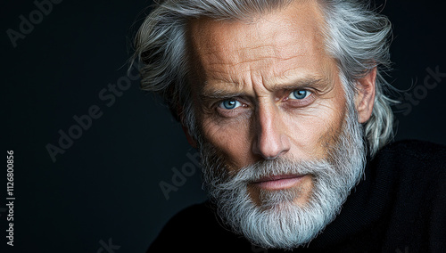 Silver haired distinguished mans portrait. An older man with silver hair and striking features confidently shows off his intense blue eyes and beard.