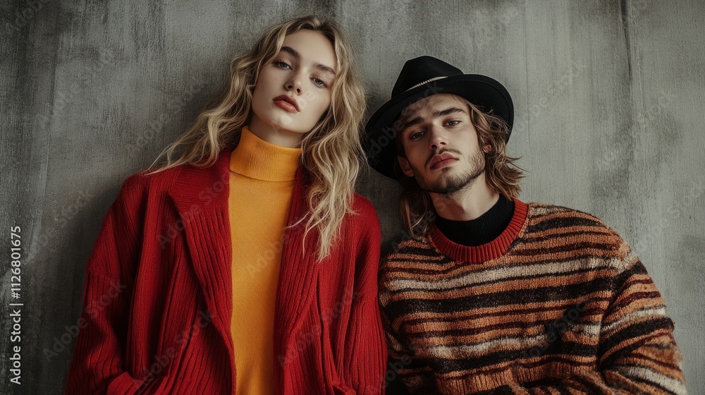 collage of young couple posing in fashionable autumn clothes on grey, horizontal image collage of young couple posing in fashionable autumn clothes on grey, horizontal image