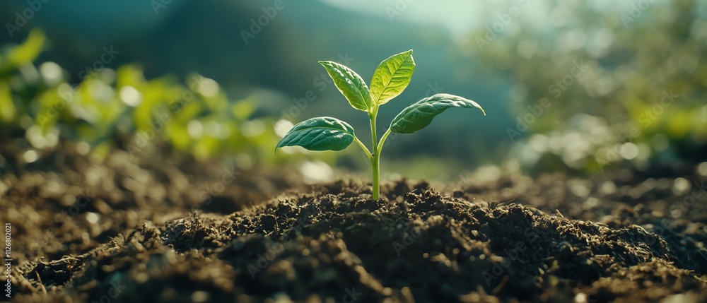 A vibrant green seedling emerging from rich soil, representing new growth and potential, with a serene and softly blurred background of nature A vibrant green seedling emerging from rich soil, representing new growth and potential, with a serene and softly blurred background of nature