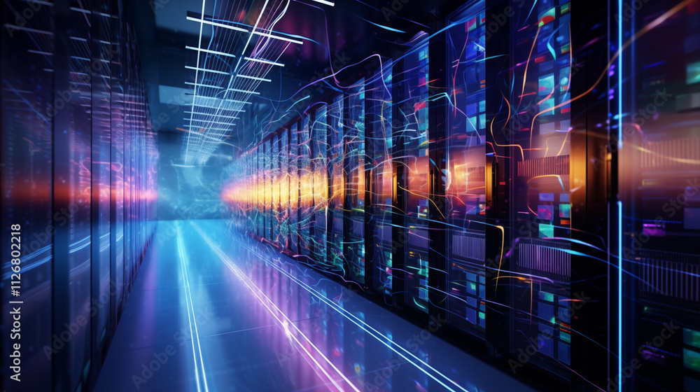 A futuristic data center corridor with glowing blue and orange lights neon glowing background.