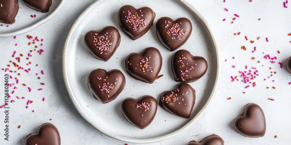 Chocolate-covered heart-shaped biscuits placed on a white ceramic plate, surrounded by scattered sprinkles. Chocolate-covered heart-shaped biscuits placed on a white ceramic plate, surrounded by scattered sprinkles.