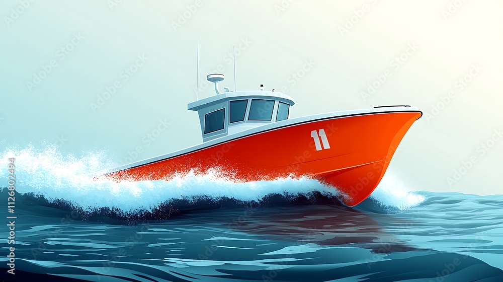 Fototapeta premium Red Number Eleven Boat Sailing Through Ocean Waves