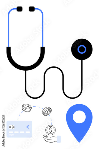 Stethoscope with payment card, money, and location pin. Ideal for healthcare consulting, telemedicine, medical billing, online payments, health insurance virtual clinic medical tourism. Line