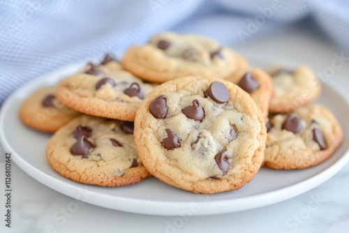 Plate of Freshly Baked Chocolate Chip Cookies, Delicious Homemade Dessert photo