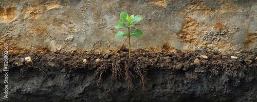 A young seedling breaking through nutrientrich soil, with its deep roots visible in a crosssectional view, symbolizing the strength of growth and new beginnings photo