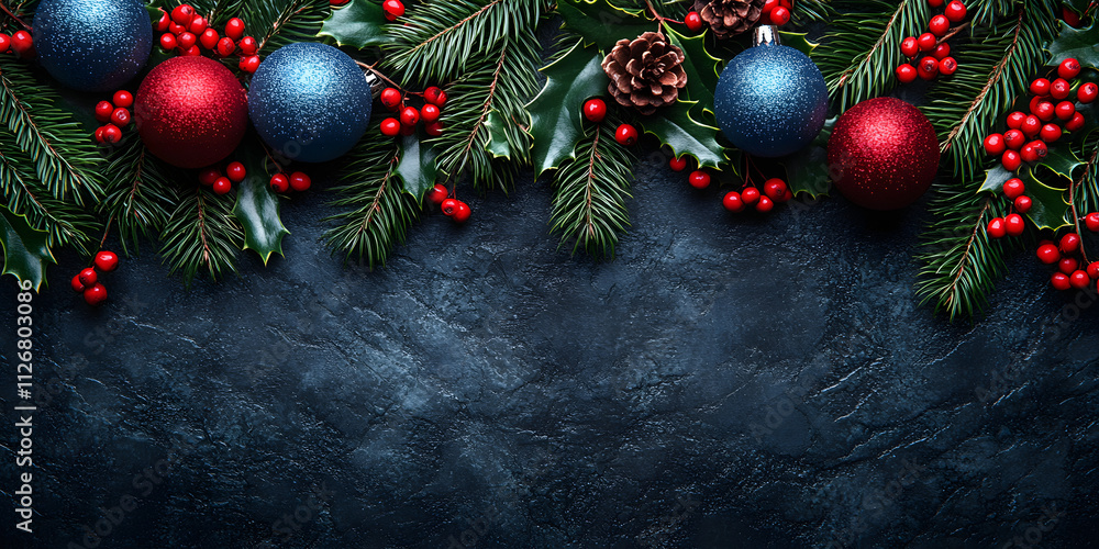 A wreath of Christmas greenery with blue and gold ornaments A wreath of Christmas greenery with blue and gold ornaments
