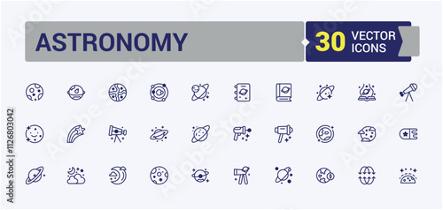Astronomy icon pack. Containing cosmos, asteroid, cosmic, astronaut, galaxy, observatory, science and more. Simple line vector. Editable vector icon and illustration.