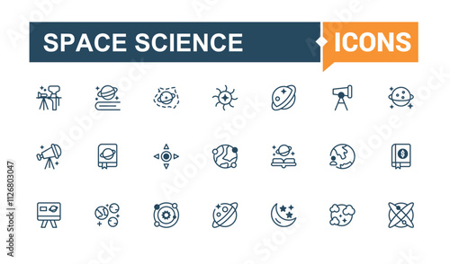 Space Science icon collection. Featuring astronaut, asteroid, nebula, cosmos, science, astrology, cosmic and more. Outline symbol collection. Editable vector outline and solid icons.