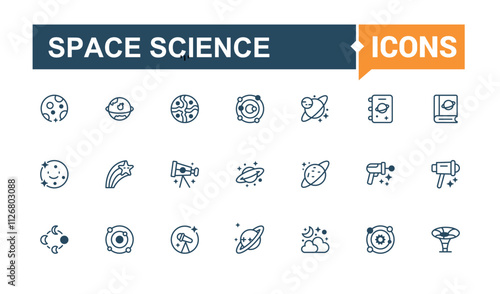 Space Science icon collection. Featuring astronaut, asteroid, nebula, cosmos, science, astrology, cosmic and more. Outline symbol collection. Editable vector outline and solid icons.