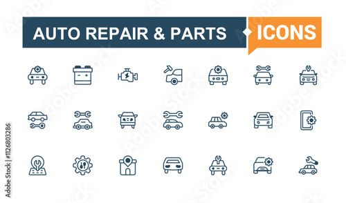 Auto Repair & Parts thin line icon set. It contains symbols to wash, engine, setting, auto, vehicle, workshop and more. Minimalistic web and UI icons. Vector illustration in modern line style.